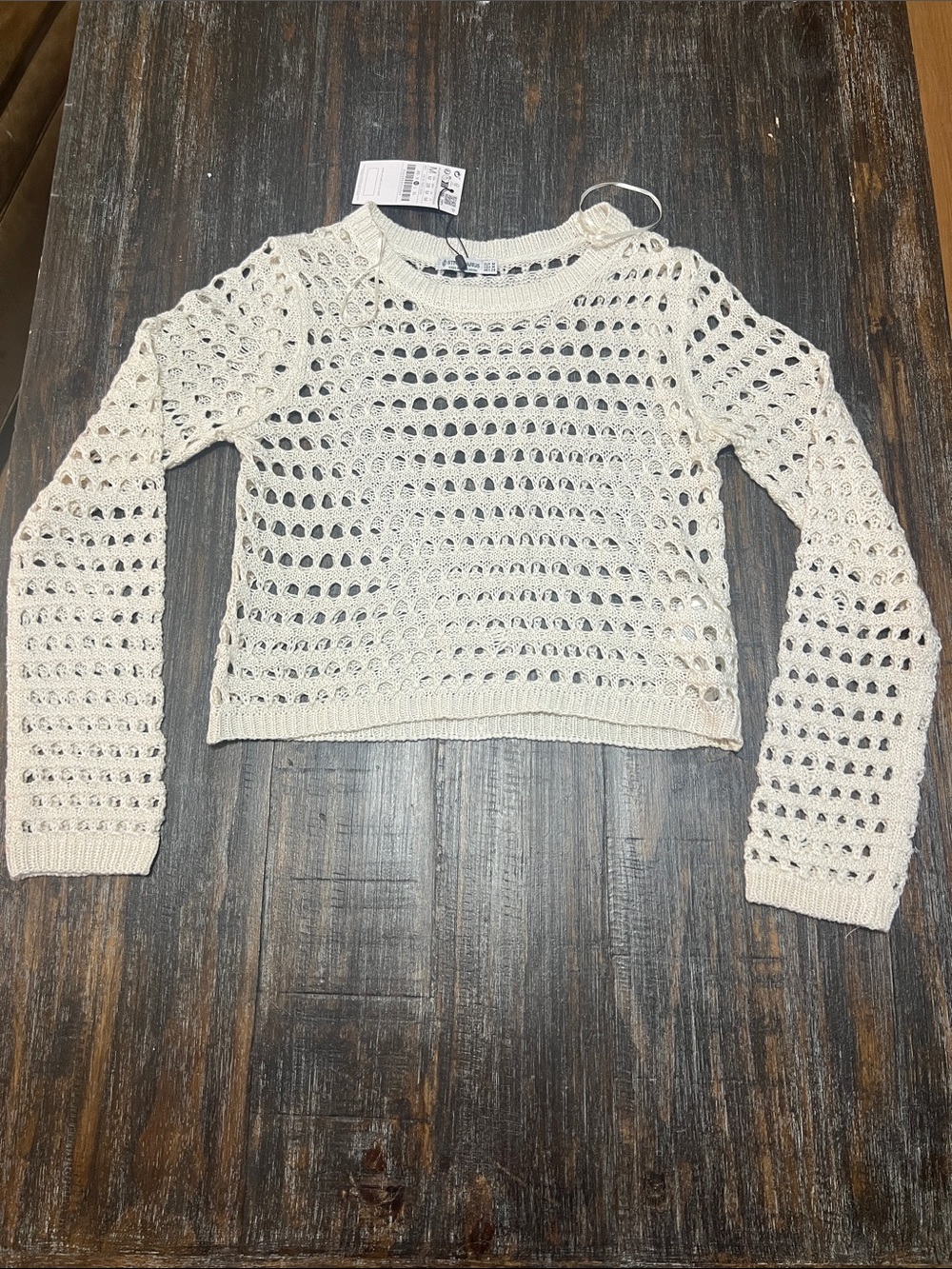 New with Tags Stradivarius Open-Knit Cropped Crew Neck Sweater in Cream